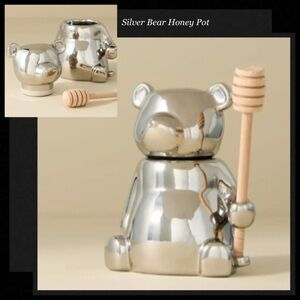 SILVER METALLIC Bear Honey Pot w/Wooden Dipper